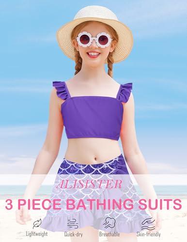 Image of ALISISTER Girls Swimsuit 3 Piece Bathing Suits Summer Bikini Tankini Sets with Cover Up Skirt for 4-12 Years