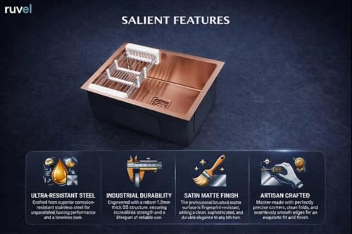 Image of RUVEL Kitchen Sink 24 inchx18 inchx9 inch | Premium Handmade 304 Grade Stainless Steel Single Bowl | Heavy Duty, Rust & Scratch Resistant | Includes Waste Coupling, Drain Rack & Hose Pipes | Rose Gold