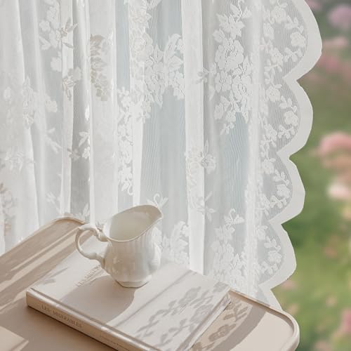 Image of piercing Curtains for Kitchen, Lace Curtains, Kitchen Window Curtains, Sheer Curtains, Kitchen Curtains 29 inchx39 inch Lace Tier 1-Panel Rod Pocket Floral Scalloped Cafe Light Filter White