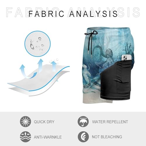 Mens Swim Trunks with Compression Liner, Underwater Life Scene Octopus Printed Board Shorts3