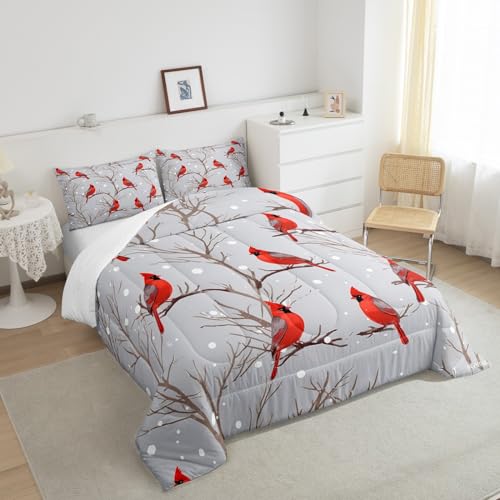 Image of Feelyou Bird Comforter Set Red Birds Snowflakes Bedding Set Winter Landscape Cardinals Comforter for Boys Girls Child Kids Retro Bedroom Decor Tree Branches Duvet Set King Size with 2 Pillow Case