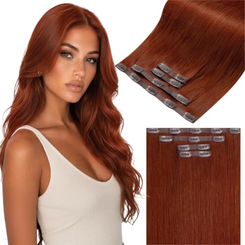 Image of LaaVoo Seamless Clip in Hair Extensions Real Human Hair Auburn Brown Seamless Hair Extensions Clip ins Auburn Brown Seamless Human Hair Clip in Extension Full Head 14 Inch 4PCS /70g