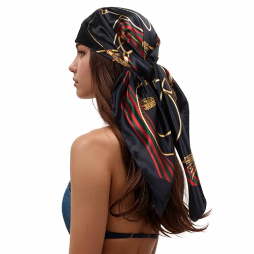 RIIQIICHY Head Scarf for Women Like Silk Scarf Hair Scarf Printed Square Scarf Bandanas for Women 35 Inches Navy/Gold/Red/Green