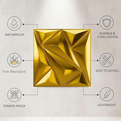 Image of Kayra Decor Luxury 3D PVC Wall Panels - Alps Pattern, Gold Finish | 19.7 inch x 19.7 inch | Pack of 12 | Covers 32.28 Sq. Ft. | Stylish Wall Cladding for Home & Office Interiors
