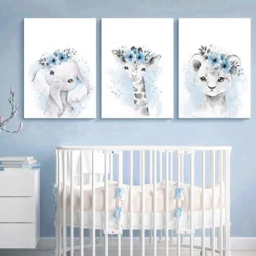 Youihom 3 Affiche Animaux Chambre Bebe 30x40 Affiche Chambre Bebe Garcon Bleu Poster Savane Enfant Girafe Elephant Lion Tableau Safari Enfant Nordique Mural...