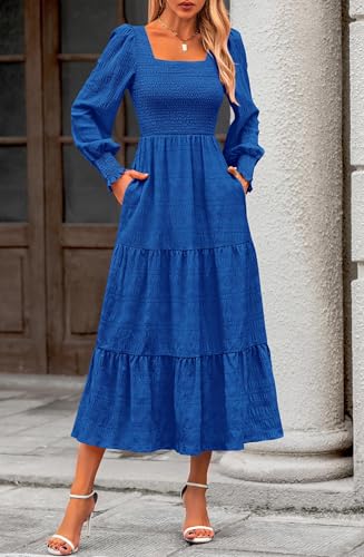KIRUNDO Spring Dresses for Women 2026 Wedding Guest Maxi Long Sleeve Summer Smocked High Waist Flowy Party Cocktail Dress(Blue, XX-Large) — view 5