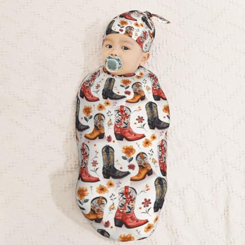 Image of Vintage Cowgirl Boot Newborn Swaddle Blankets Hat Sets Soft Baby Receiving Blanket Swaddle Sack for Baby Shower Infant Boy Girl Gift