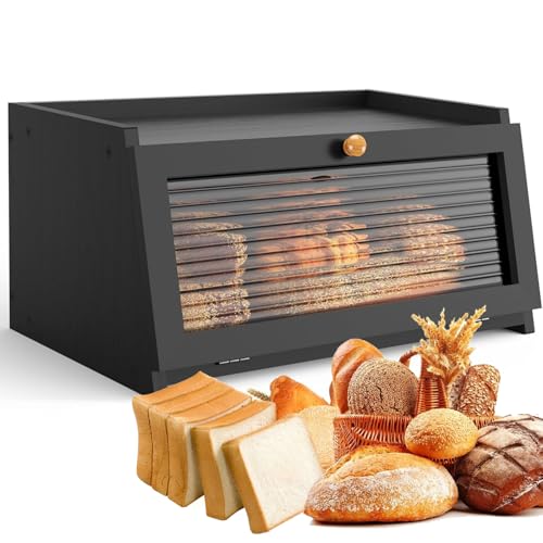 Bread Box for Kitchen Countertop Large Bread Box Farmhouse Bread Container Bread Storage with Window Bread Holder Black