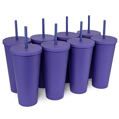 STRATA CUPS Classic Tumblers with Lids and Straws (8 pack) - 22oz Matte Pastel Colored Acrylic Tumblers with Lids and Straws, Double Wall Tumbler Bulk, Reusable Cup with Straw Cleaner (Purple)