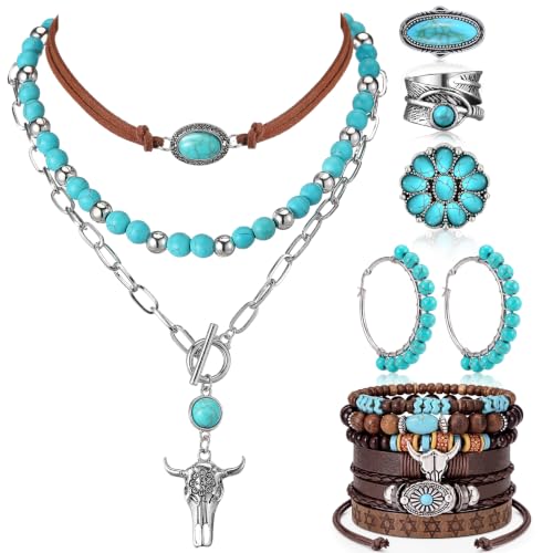 Image of Ecally Bohemian Western Jewelry Turquoise Set Women Country Pendant Long Choker Layered Bracelets Earrings Ring for Women