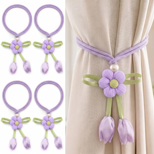 Floral Curtain Tiebacks, 4 Pack Adjustable Curtain Holdbacks, Lavender