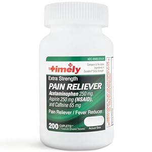Timely Extra Strength Headache Relief – Acetaminophen with Aspirin & Caffeine (200 Caplets) – Headache, Migraine & Back and Body Pain & Muscle Aches – Compares to Excedrin Extra Strength – Made In USA