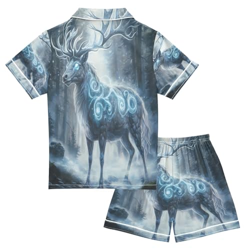 ALAZA White Deer Tree Leaf Satin Pajamas Set Short Sleeve Button Down Sleepwear Summer Pjs 2 Piece2