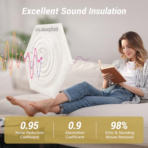 Image of 48 Pack High Density Hexagon Acoustic Panels, TONOR 12 inchx 10 inchx 0.4 inch Soundproof Wall Panels, Sound Absorbing Panels for Interior Wall Decor, Peel and Stick Modern for Studio, Office, Home, Beige
