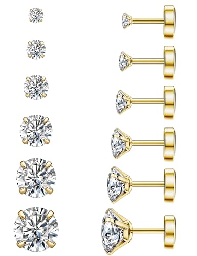 WSSXC 20G Hypoallergenic Flat Back Earrings for Women Men Silver 14K Gold Stainless Steel Stud Earrings Brithstone Cubic Zirconia Studs Surgical Steel Cartilage Earrings for Sensitive Ears