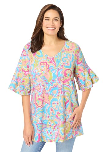 Image of Woman Within Plus Size Ruffled Elbow-Sleeve Tunic - 2X, Paradise Blue Multi Paisley