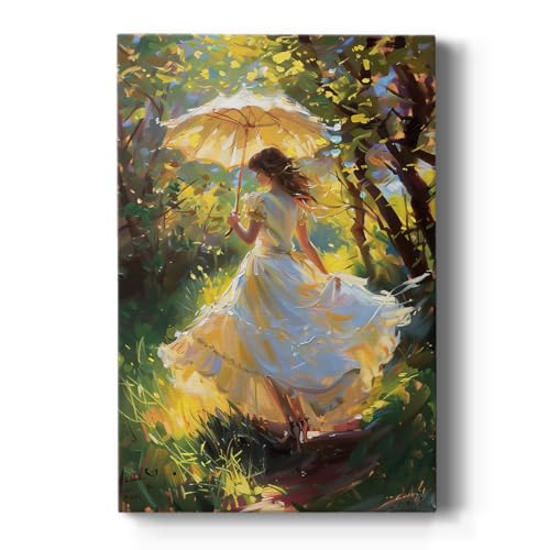 Renditions Gallery Canvas Artwork for Home Decor White Dressed Woman in Forest Sunshine Holding Umbrella Wall Paintings & Prints for Office Bedroom Kitchen Balcony - 8" X 12" LT565