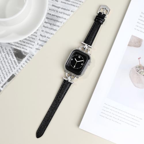 Image of Leather Band Compatible with Apple Watch Bands for Women, Dressy Fancy Strap for iWatch Series 11 /10 /9 /8 /7 /6 /5 /4 /3 /2 /1 /se(38mm 40mm 41mm 42mm,Lizard Black /Silver)