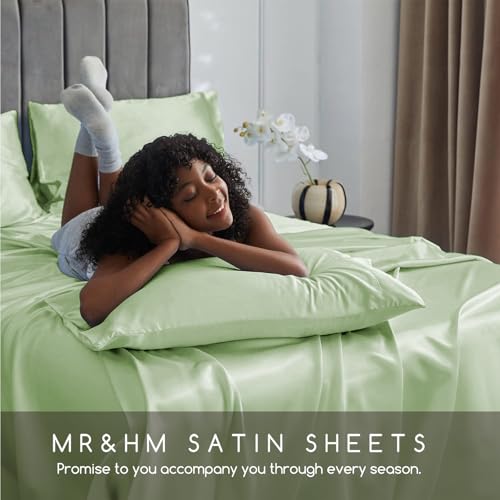Image of MR&HM Satin Bed Sheets with Elastic Corner Straps, Full Size Sheets Set, 4 Pcs Silky Bedding Set with 15 Inches Deep Pocket for Mattress (Full, Light Sage)
