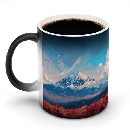 富士山の下の花畑マグカップ 変色カップ 美しい日本の風景写真 イラストアート コーヒーカップ 高級 おしゃれ 人気 誕生日プレゼント ギフト 贈り物 彼女 妻 友人 家族 愛する人への素敵なプレゼント バレンタインデー 結婚記念日 プレゼント 350ml