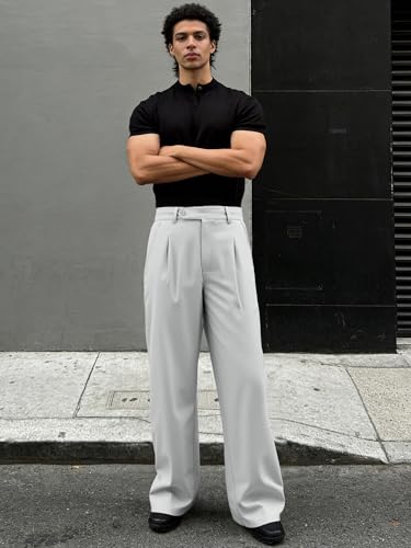 Image of JMIERR Mens Baggy Casual Dress Pants Lightweight Pleated Old Money Wide Leg Pants Loose Relaxed Fit Trousers