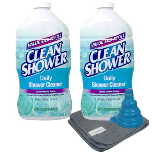 Ctrl-24 Clean Shower Daily Shower Refill 60oz (2 Pack) - Bundle Includes Collapsible Silicone Funnel and Microfiber Cloth - Easy Refilling and Drying