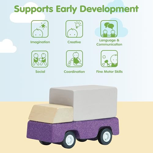 Image of PlanToys Purple Delivery Truck Wooden Montessori Vehicle Toy | Early Movement, Imagination and Practical Life Exploration | Eco Friendly Truck for Indoor and Outdoor Play