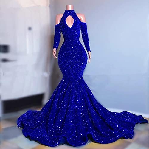 Mermaid Sequin Prom Dresses Long Sleeve Halter Neck Formal Party Evening Gown2