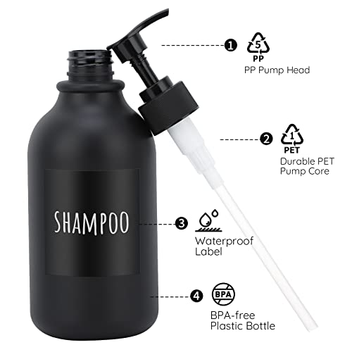 Image of Segbeauty Matte Black Shampoo Dispenser, 2pcs 16.9oz Empty Refillable Pump Bottle with Labels, 500ml Plastic Press Lotion Dispenser Bathroom Shower Containers for Conditioner Body Soap Hand Soap