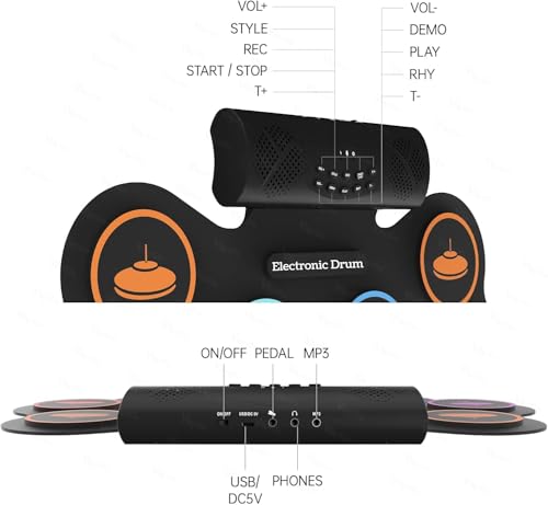 Image of VikriDA Electronic Drum Pad Set | Foldable E-Drum Kit with Bluetooth Connectivity - Portable Digital Drum Practice Instrument for Kids