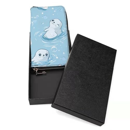 Cute Seals Pattern Women's Leather Clutch Wallet with Zip Card Holder Hand Strap Large Capacity3