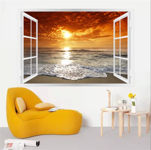 Thnwsy Self-Adhesive Wall Sticker Romantic Living Room Bedroom Study Office Decorative Wall Sticker Ocean Scenery Fake Window Sticker Mural (36"×48", Sunset Beach) #TOP4