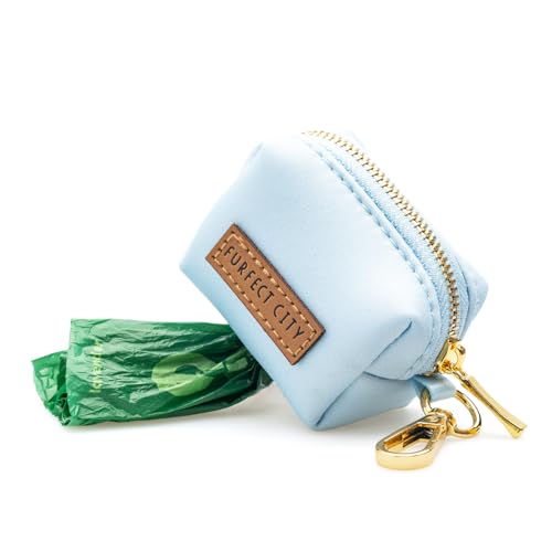 Image of Dog Poop Bag Holder with Leash attachment, Waste litter bag container, Lead accessories, Metal hook hands free holder, Zipper pouch stylish gold hardware (Blue)