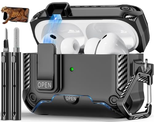 Image of for AirPods Pro 3 Case with Lock & Phone Stand(Black) | Automatic Snap Switch Lock,Carbon Fiber Texture Design Cover with Cleaner Kit