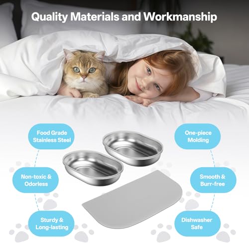 Image of Stainless Steel Bowls and Mat Set for Automatic Microchip Pet Feeder, YOIHABV 2 Single SUS 304 Bowls and 1 Silicone Mat, Keep Food Fresh, Easy to Clean, Protect Cat Feeder