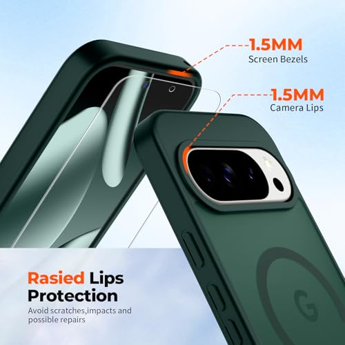 Image of SUPFINE Magnetic for Google Pixel 10 Pro Case /Pixel 10 Case with Screen Protector, (Built-in Magnets) ((Military Grade Drop Protection) Slim Translucent Shockproof Phone Case,Forest Green