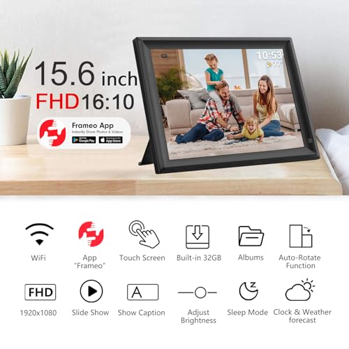 Image of 64GB 15.6inch FRAMEO Digital Photo Frame with 1920x1080 FHD IPS LCD Touch Screen, Dual-WiFi Share Photos & Videos Via Frameo App, Support USB Drive /SD Card Extend Storage, Motion Sensor, Auto-Rotate