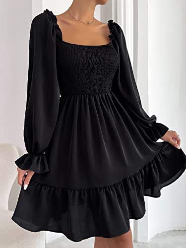 SheIn Women's Shirred Ruffle Long Sleeve Mini Dress Square Neck Flowy A Line Short Dresses Black Small