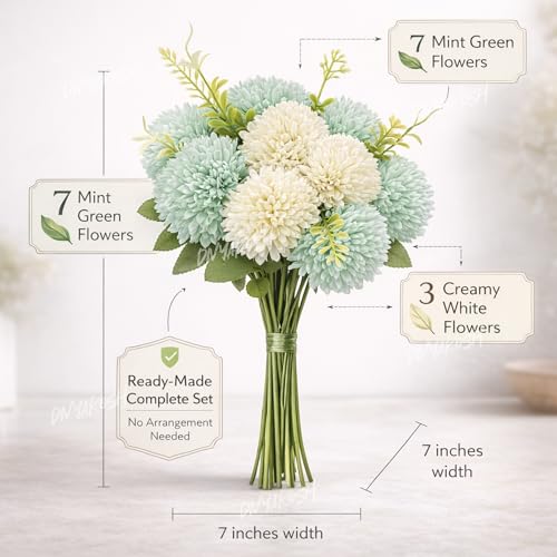 Image of Divyakosha Artificial Flower Bouquet 10 Heads (7 Mint Green & 3 Cream White) Vase Arrangement with Leaves, Faux Chrysanthemum Flowers for Home Decor