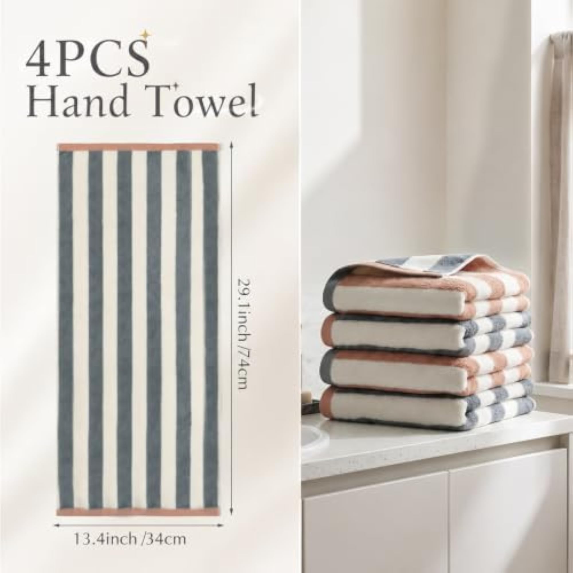 4 Pack Striped Hand Towels for Bathroom, Cotton Durable Towels