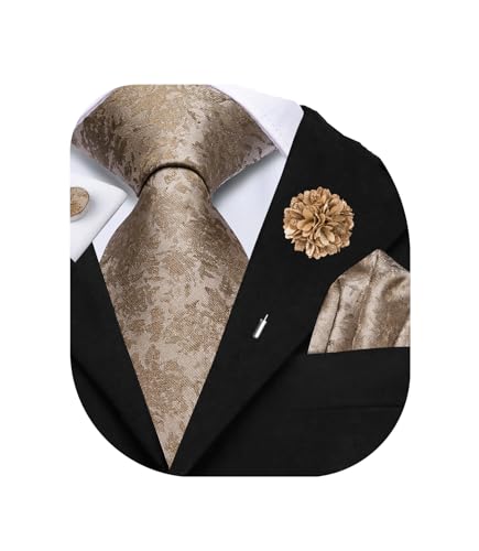 Image of Dubulle Mens Brown Tie and Lapel Pin Paisley Striped Floral Necktie for Men Pocket Square Cufflinks Wedding Party