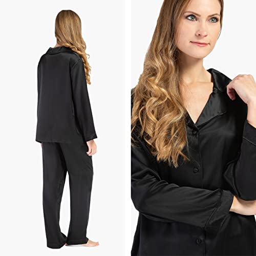 Fishers Finery Women's 100% Mulberry Silk Long Pajama Two Piece Set With Gift Box - Button Down, Collared Pj Top And Elastic Pull On Pants With Draw String (Black, S) #TOP1