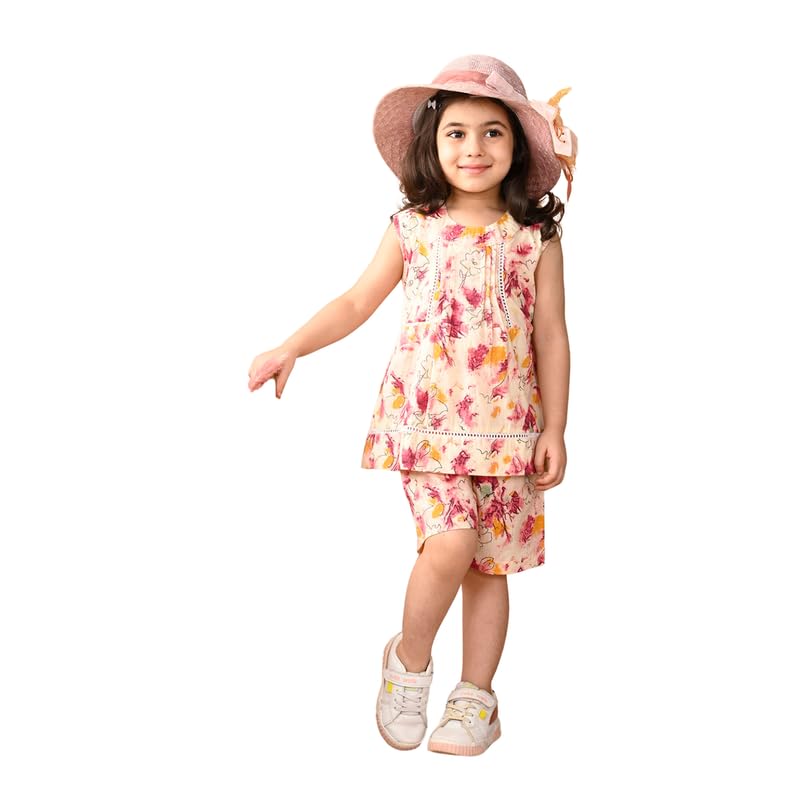 Image of superminis Girls Cotton Floral Printed Sleeveless Top and Shorts Clothing Set