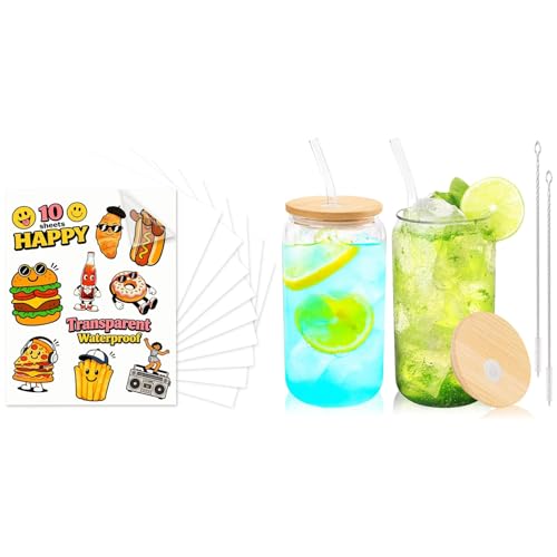 Joyclub Bundle of Sublimation Sticker Paper, 10 Sheets 8.5x11 Glossy Transparent Waterproof and Glass Cups with Bamboo Lids and Straws 2 Set 16 oz