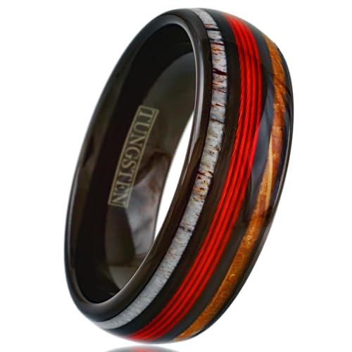 Personalized Engraved 6mm/8mm Polished Piano Black Tungsten Carbide Low Dome Band Ring with Red Fishing Line Between Whiskey Barrel Oak Wood and Deer Antler Inlays.