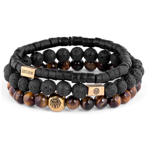 Lucleon by Trendhim Bracelet Beaded for Men | Set of 3 with Black Lava Beads, Tiger’s Eye & Matte Black Accents | Textured Look | Silicone Stretch Fit | Layered Style