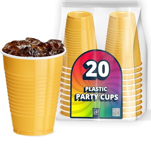 DecorRack 20 Party Cups 12 oz Disposable Plastic Cups for Birthday Party Bachelorette Camping Indoor Outdoor Events Beverage Drinking Cups (Yellow, 20)