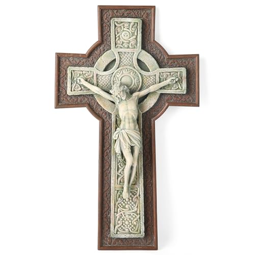 BC Catholic Crucifix Wall Cross, Celtic style, Garden Cross, Religious Gift, Wood Stone Carve Looking, 12”H Hand Painted by Buildclassic