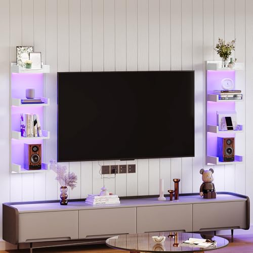 Image of HOOBRO Floating Wall Shelves with LED Lights, Floating Shelf Wall Mounted for Storage, Vertical Display Stand, Modern Column Rack, for Bedroom, Livingroom, 4-Tier, 35.4 Inches, White, WT41DBJ01