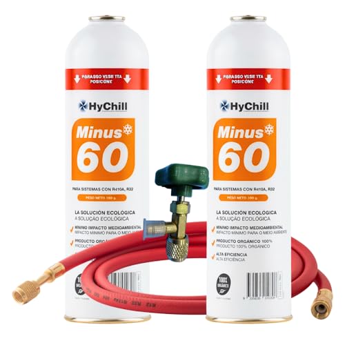 HyChill Minus 60 Refrigerante Técnico Orgánico - Envase Desechable 995 ml - 350gr carga Neta - Uso Profesional - Para aplicaciones de climatización y refrigeración (2 ENVASES + LLAVE + MANGUERA)